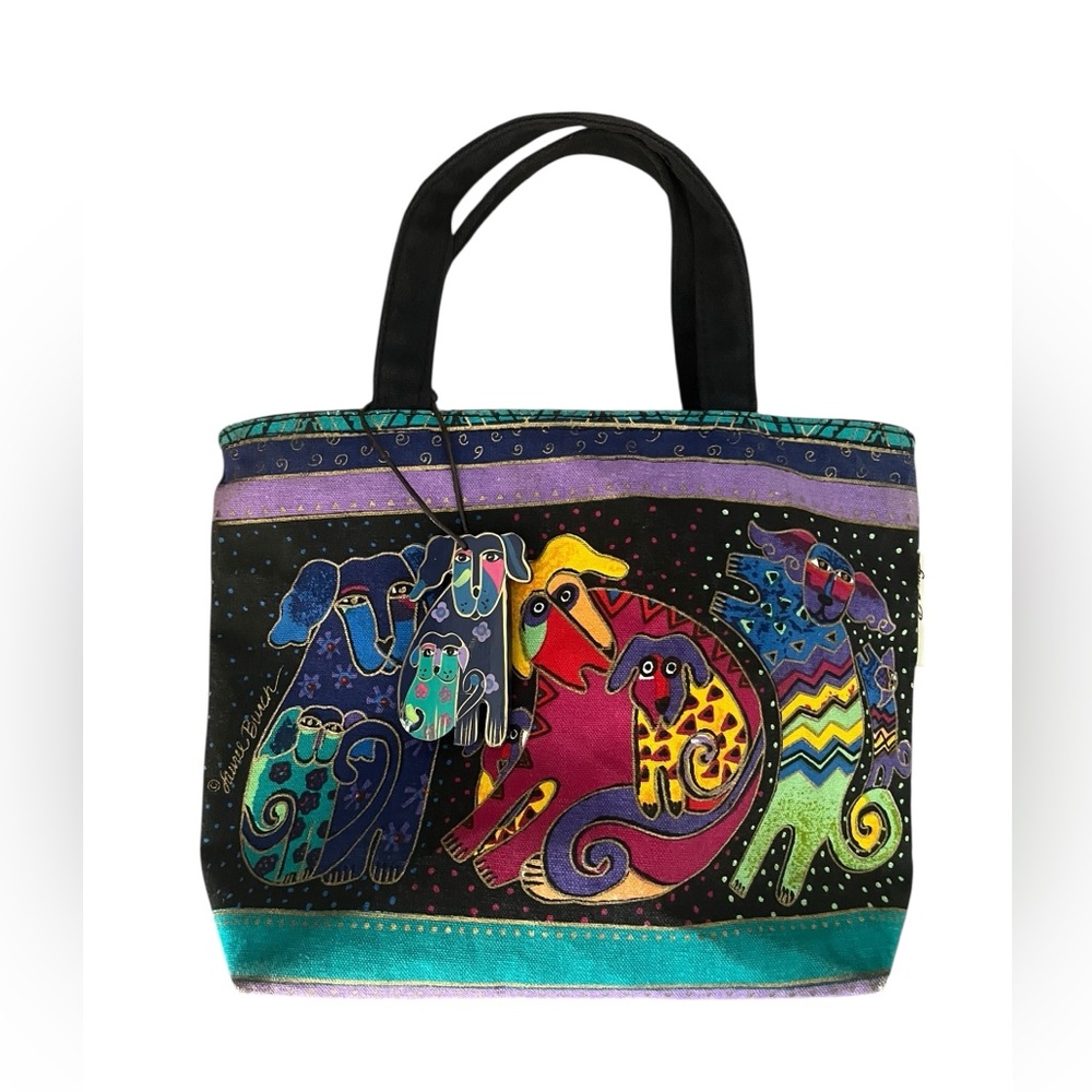 Vintage 1990s Laurel Burch Colorful Dog Canvas Tote Bag Art Purse - Picture 9 of 9